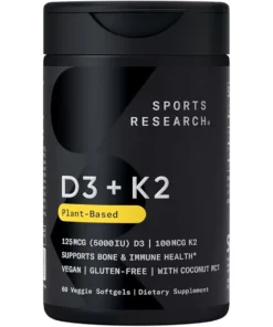 Sports Research SR Vitamin D3 + K2  Vitamin D 5000iu & Mk7 Vitamin K2 100mcg 60 Softgels